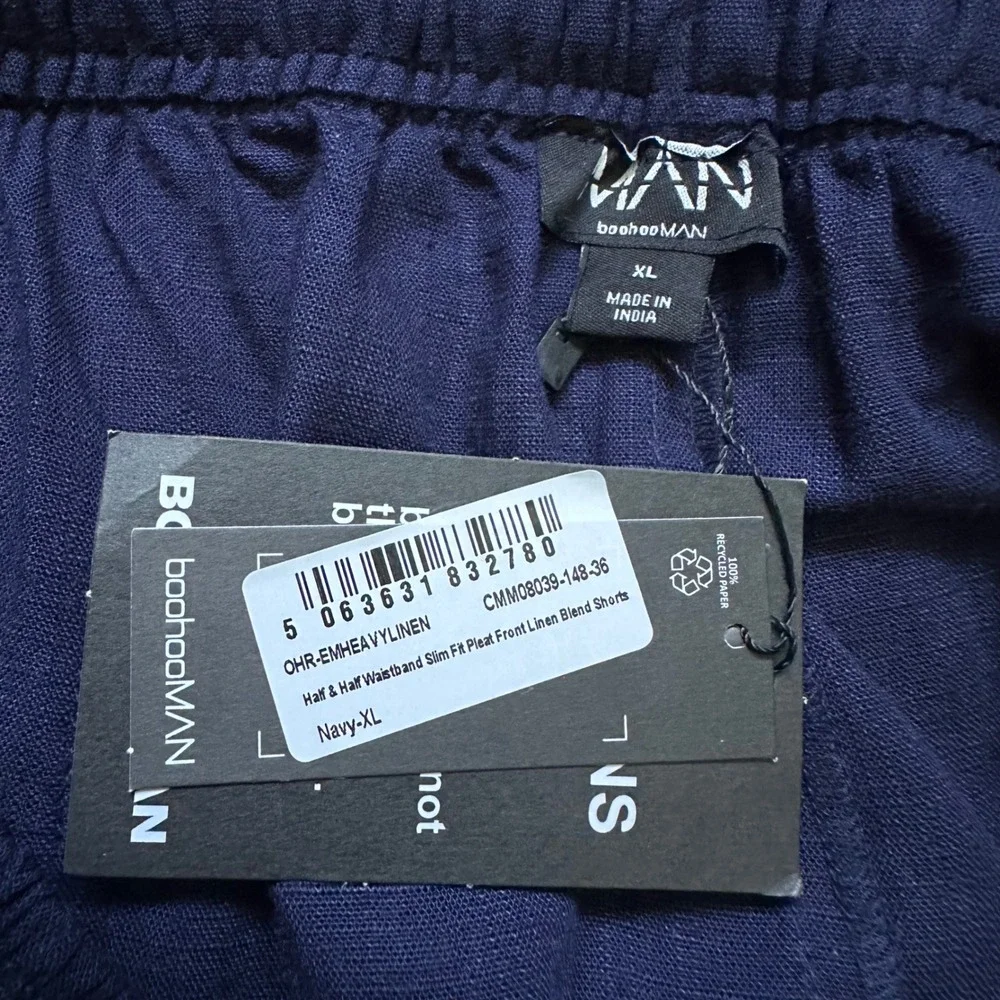 boohooMAN Half & Half Waistband Slim Fit Pleat Linen Blend Shorts XL Navy NEW